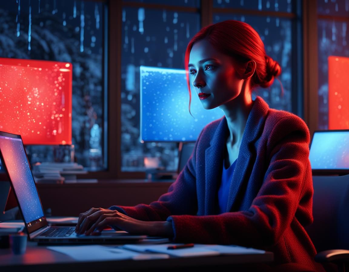 Cinematic Office Portrait with Red Laptop, Unreal Engine