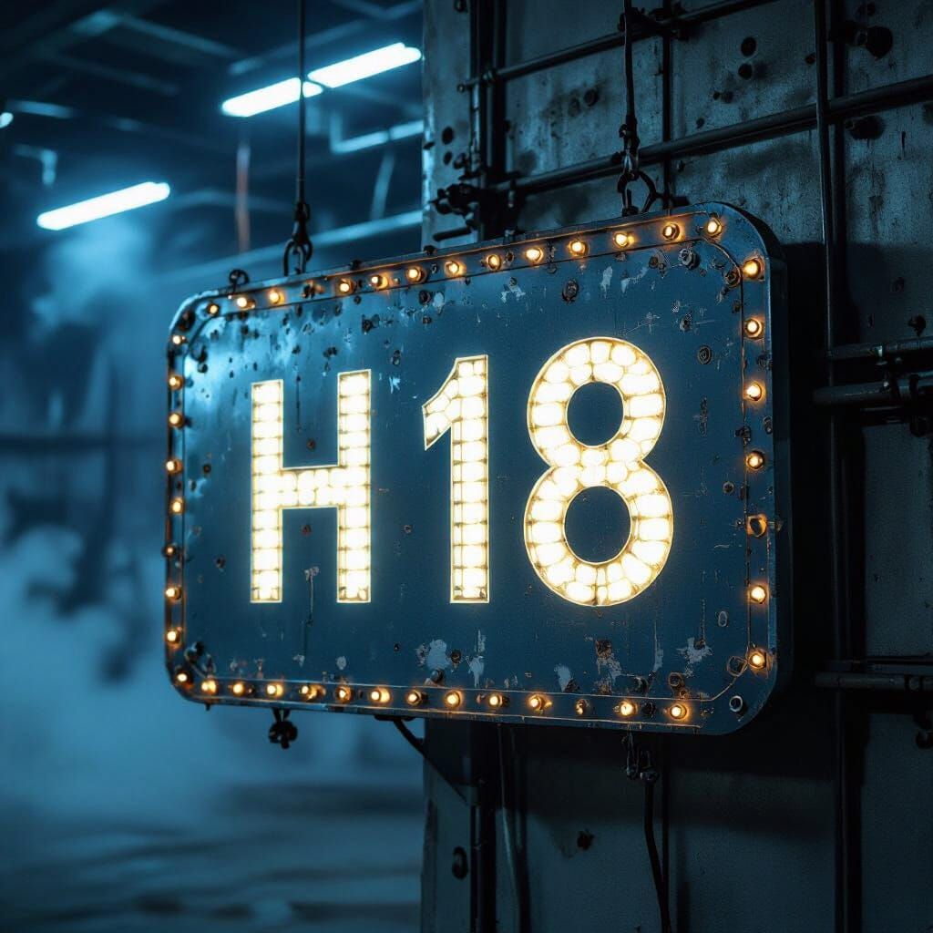 UFO Hangar Sign with H18 in Cool Blue Sci-Fi Lighting
