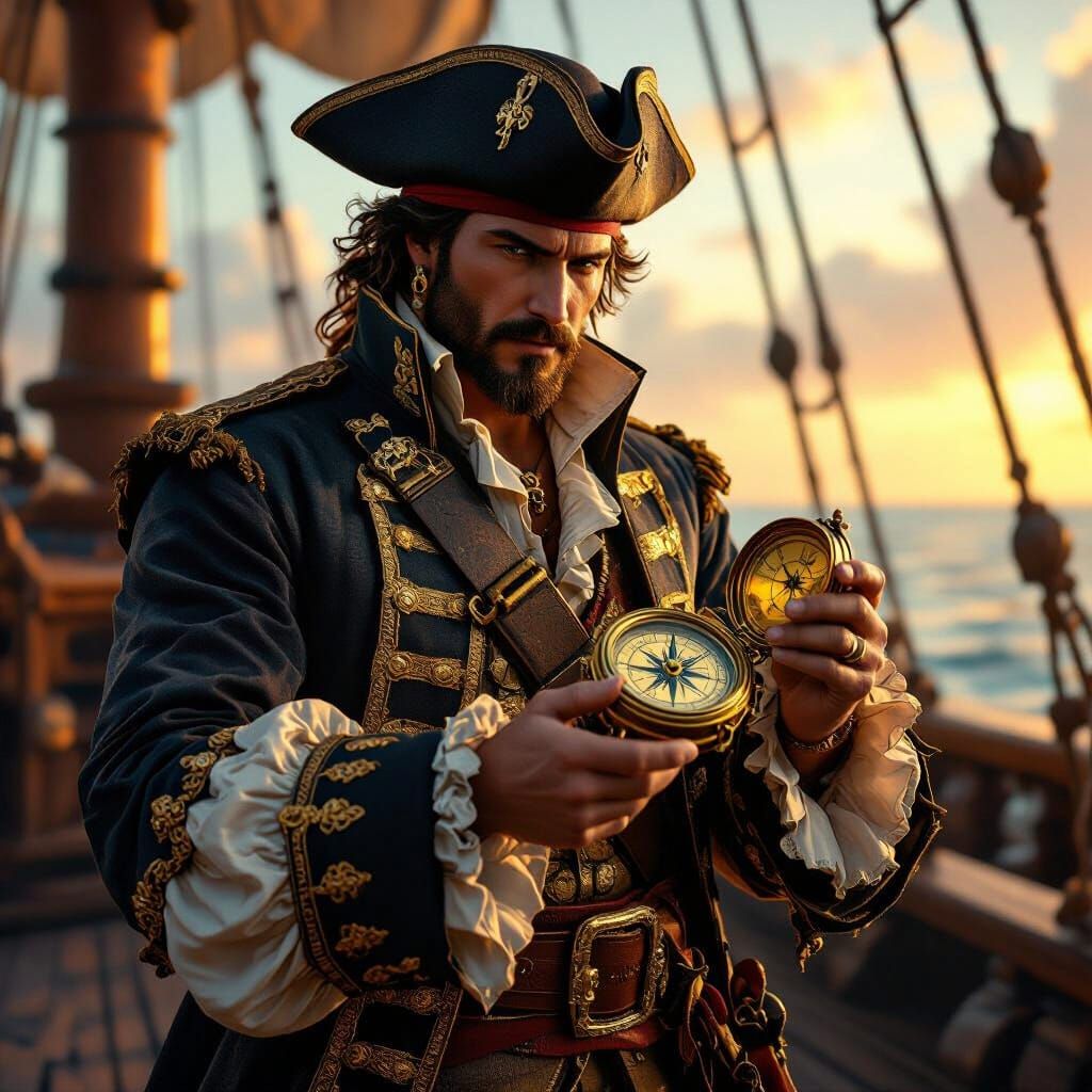 Pirate with Compass on Ship in 18th Century Attire