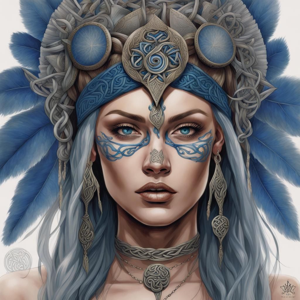 Celtic Warrior with Blue Tattoos and Headdress