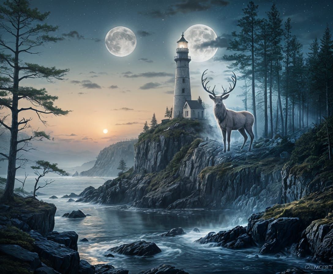 Lighthouse and Stag Double Exposure in Misty Twilight