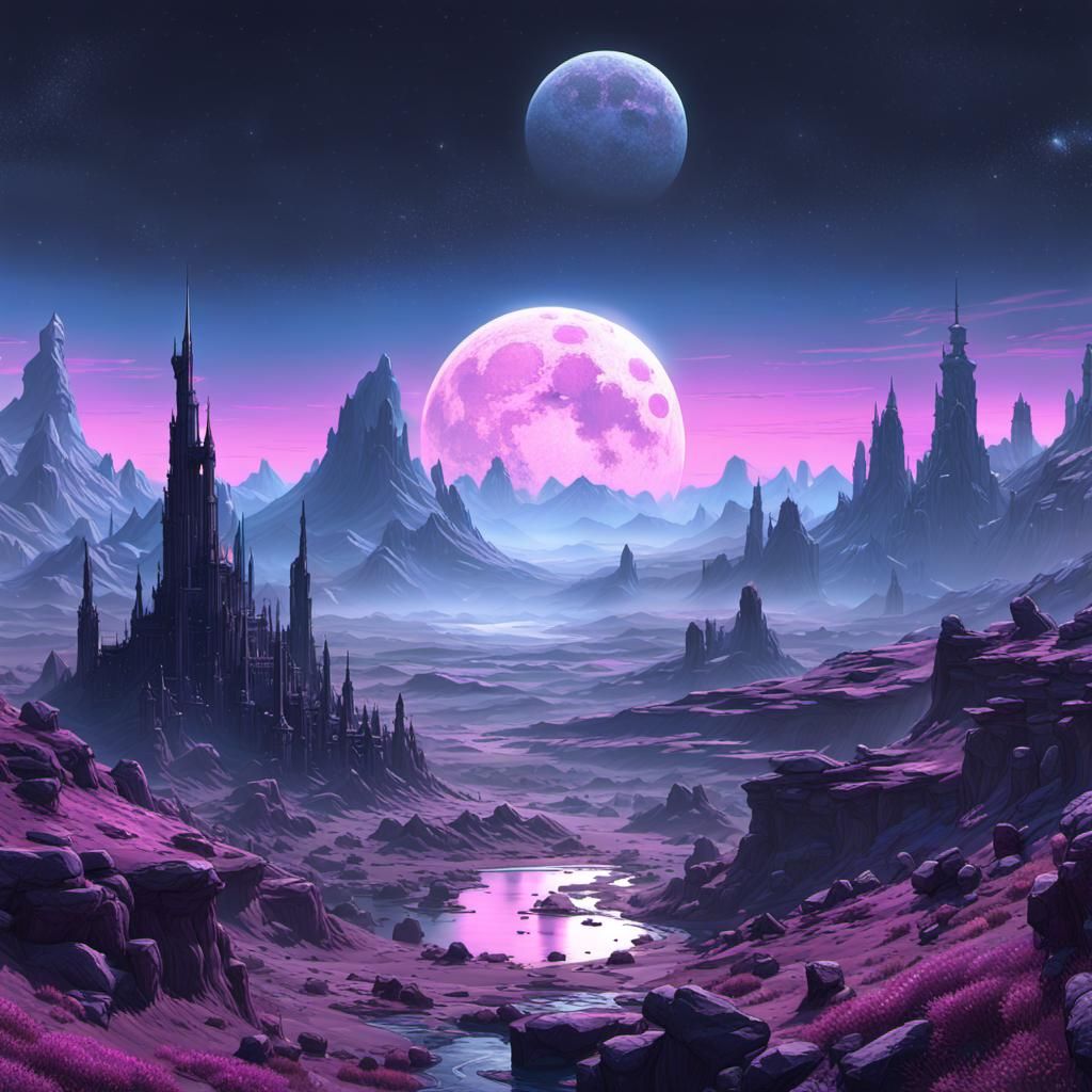 Beautiful fantasy world gray and blue and pale pink moons