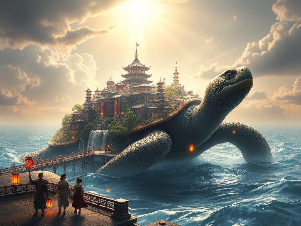 Fantasy City on Ancient Turtle's Back in Ethereal Light