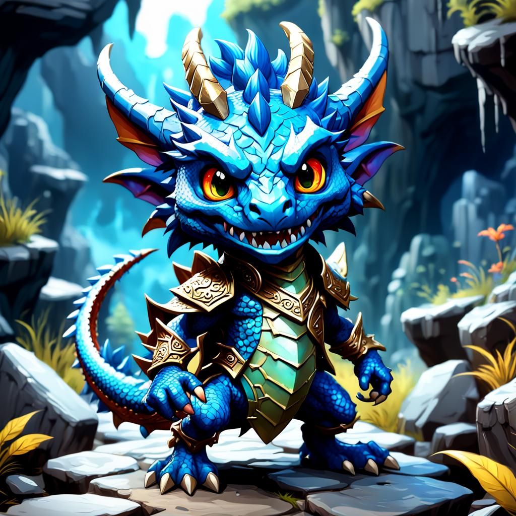 Chibi Blue Dragon Kobold, Detailed Fantasy Art