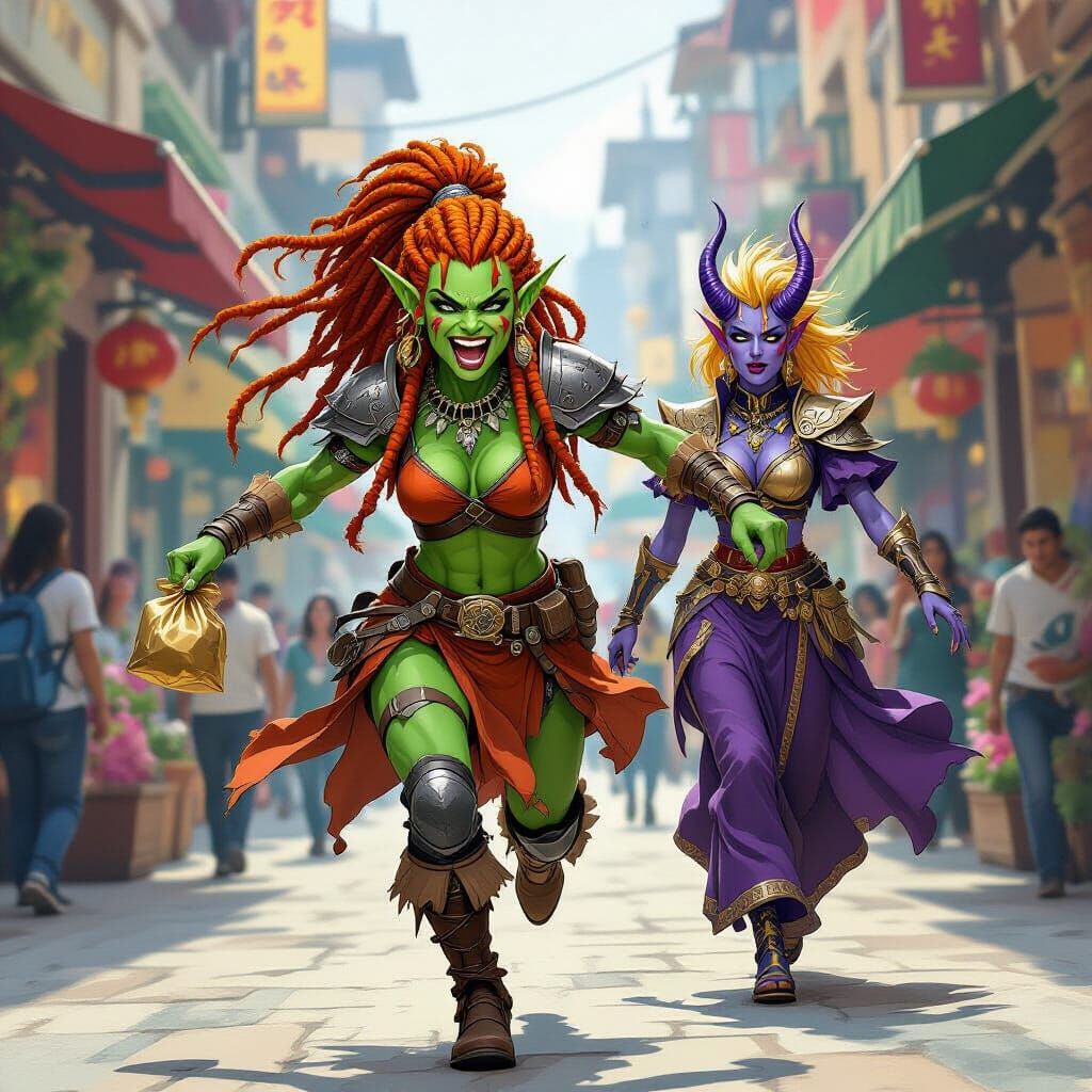 Elf and Tiefling Clash in Vibrant Comic Book Style