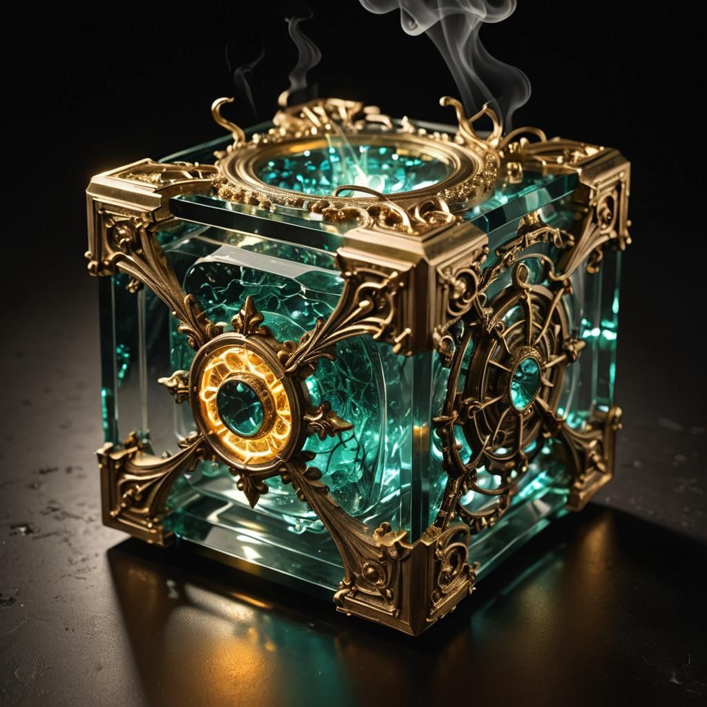 Glass Cube with Bronze Overlays and Glowing Core