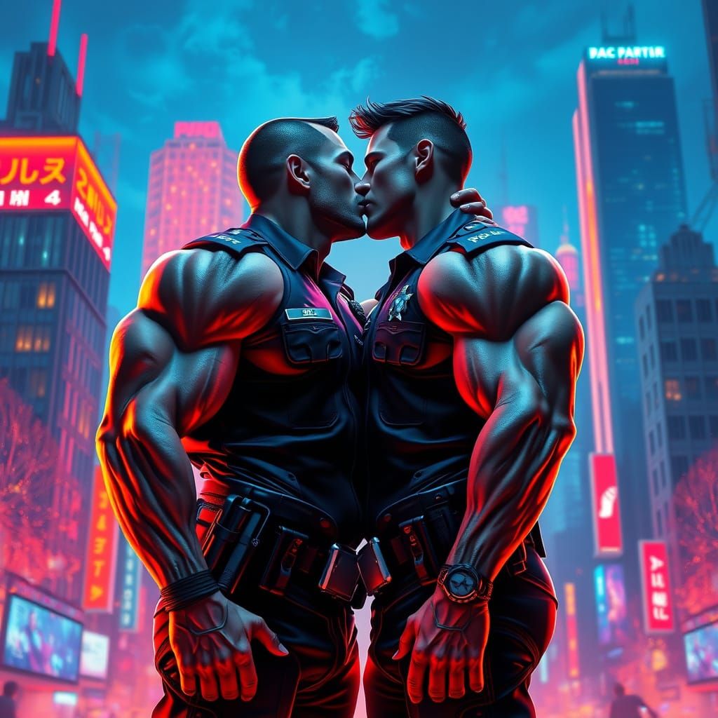Hyper-Muscular Policemen Kissing in Neon Cityscape