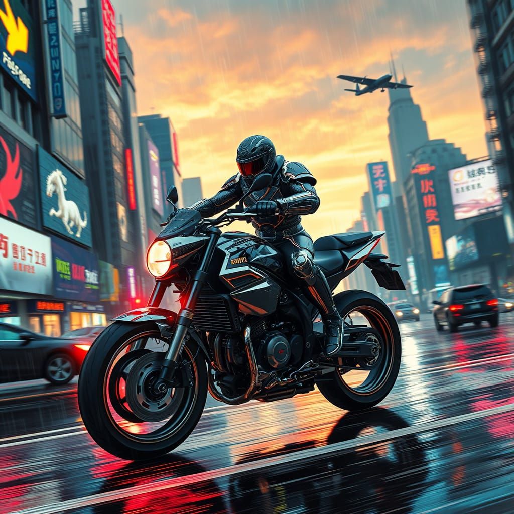 Cyberpunk Samurai Rides Through Neon Cityscape