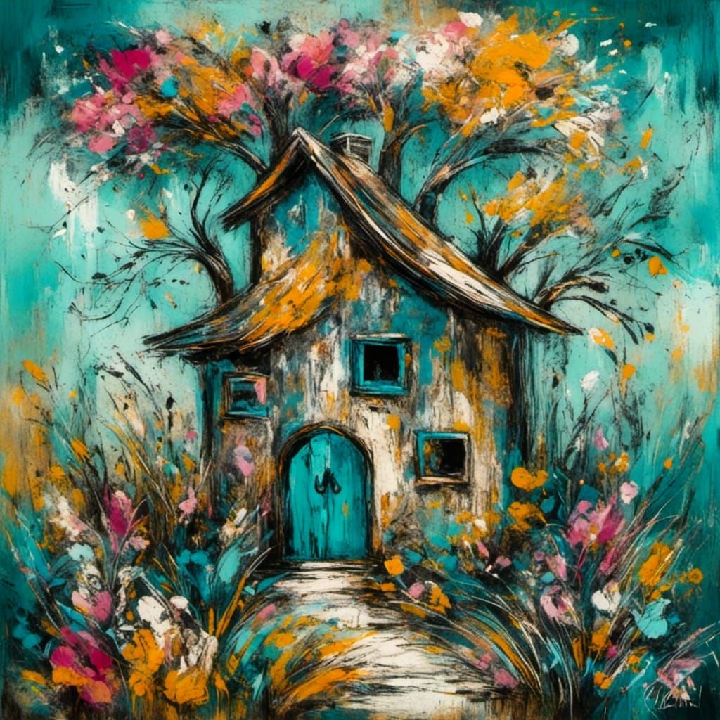 Whimsical Floral Cabin in Neo-Expressionist Pop Art