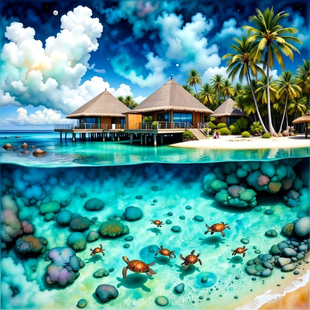 Surreal Tropical Oasis with Luxury Villas and Turtles