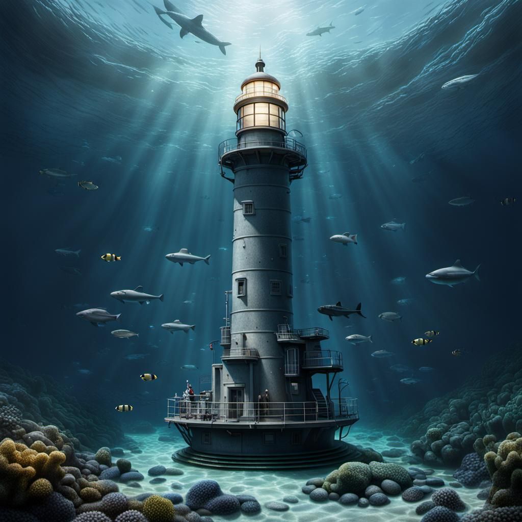 Underwater Lighthouse Guiding Submarines in Hyperrealism