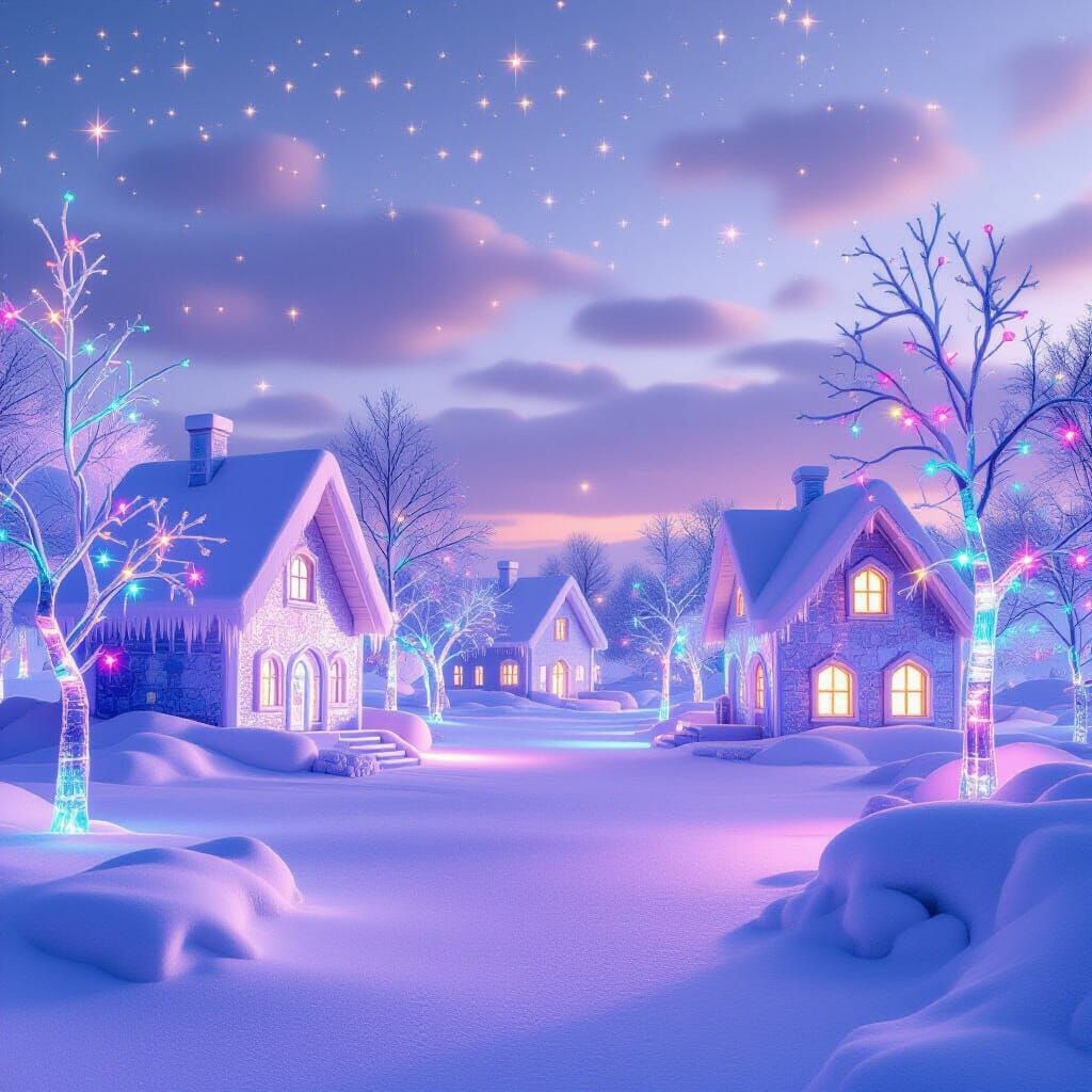 Ethereal Ice Village Under Starlit Lilac Sky