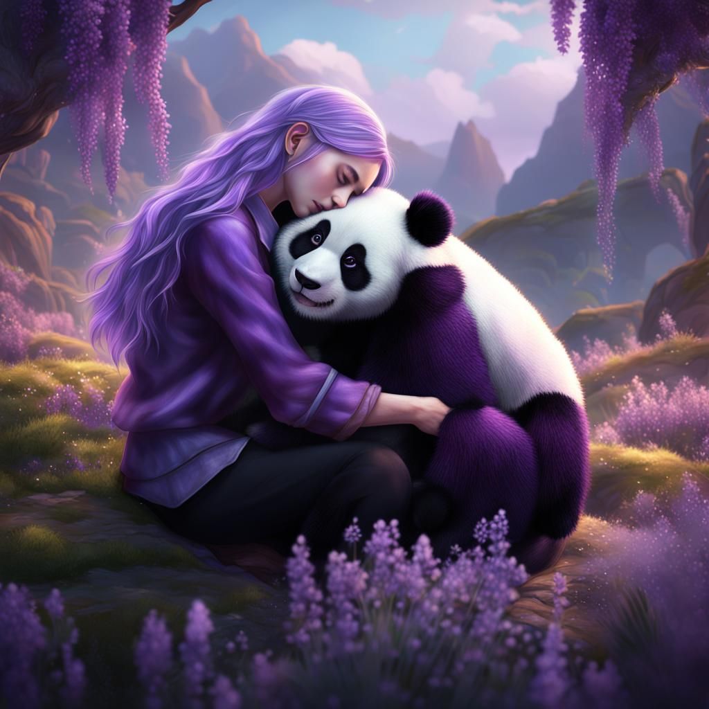 Girl Hugging Purple Panda: Detailed Matte Painting