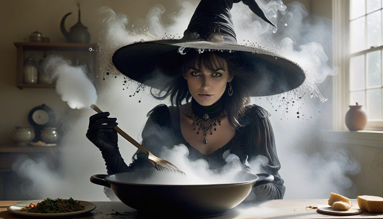 Whimsical Witch Cleans Dishes with Magic Hat