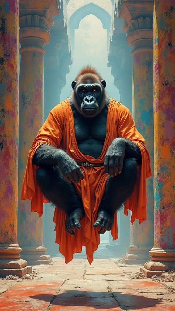 Floating Temple Gorilla in Vibrant Graffiti Style