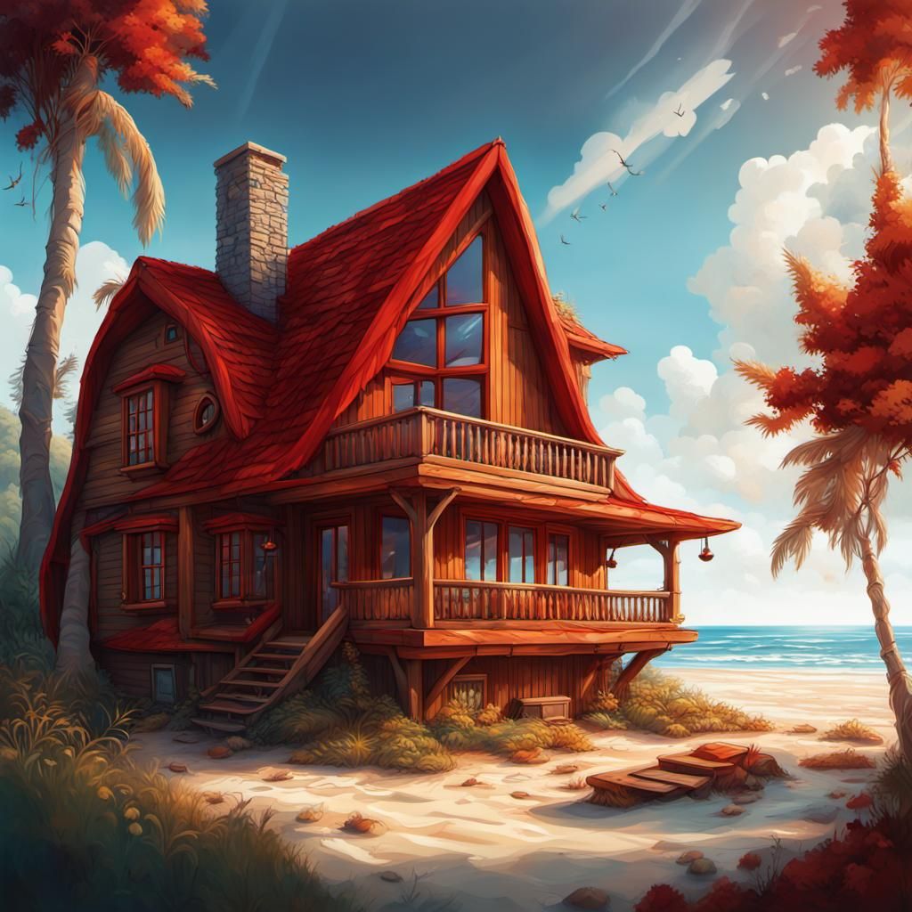 Beautiful house on the beach,made of warm wood with big windows, little Red Riding Hood style
