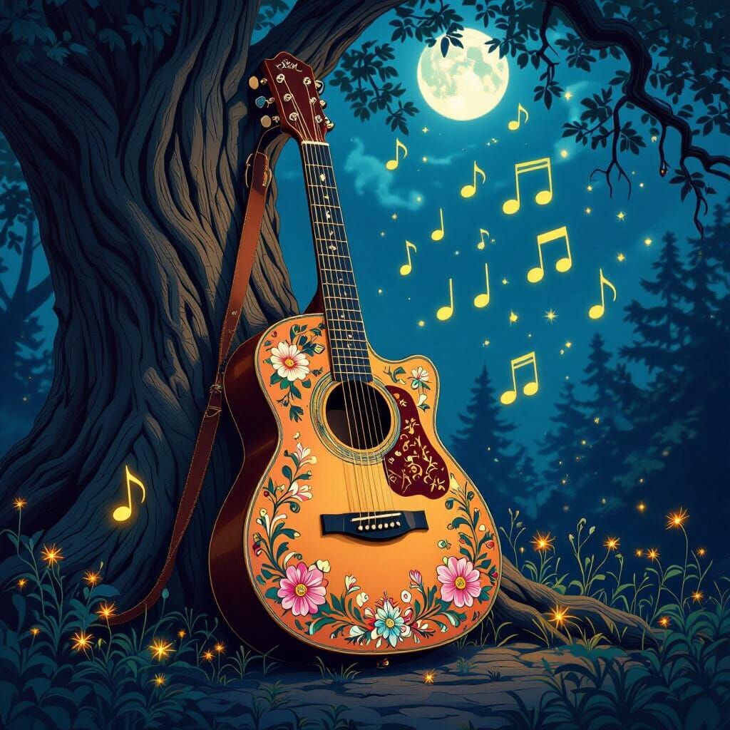Colorful Acoustic Guitar in Moonlit Forest