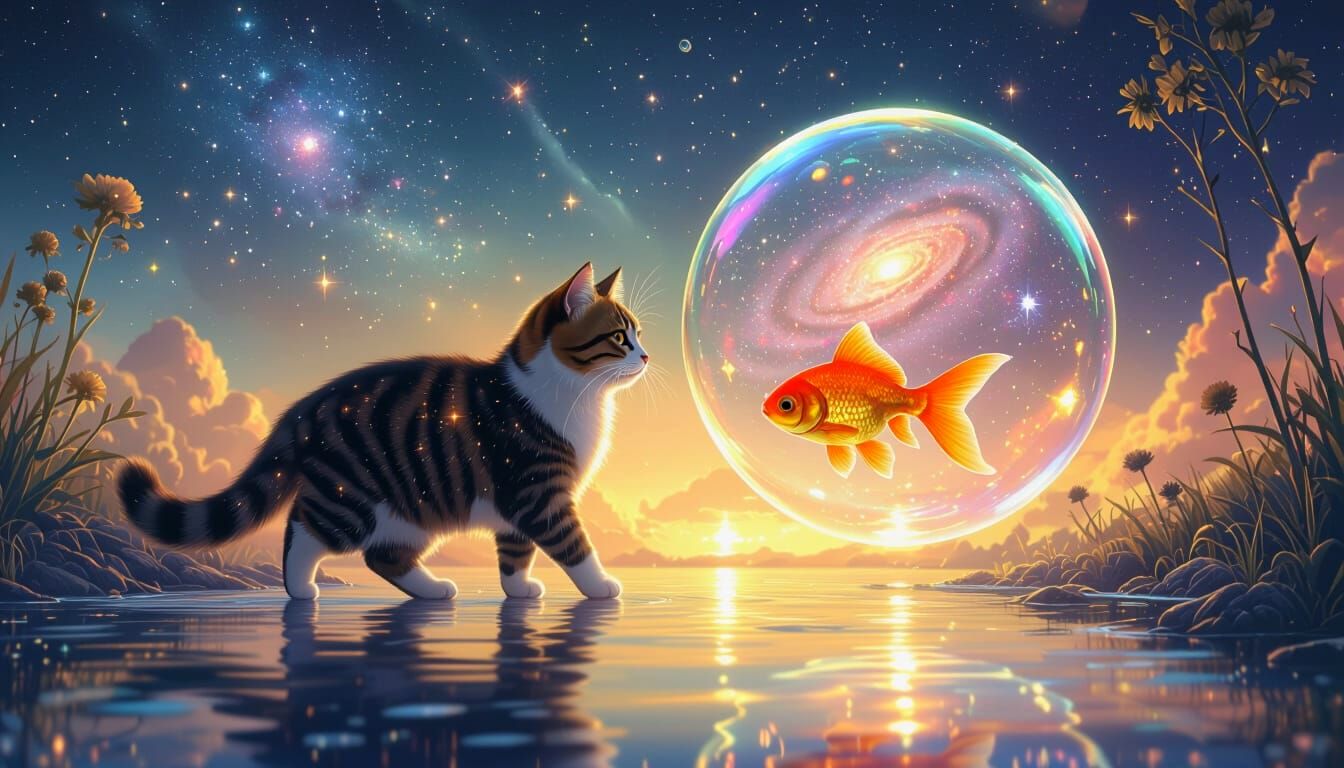 Cat Protects Goldfish in Surreal Dreamscape