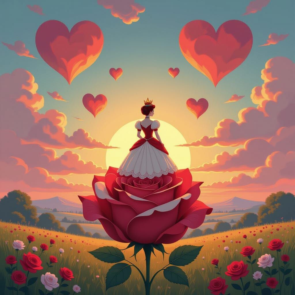 Queen of Hearts on Giant Rose Amidst Sunset Meadow