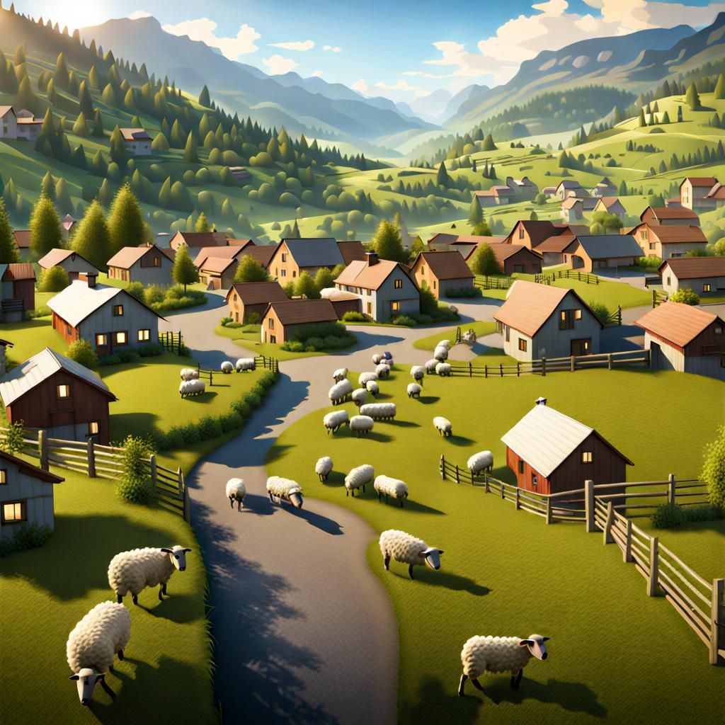 Picturesque Valley Village with Grazing Sheep in 8K