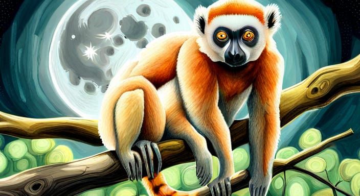 Sifaka Lemur Snack in Moonlight, Colored Pencil Art