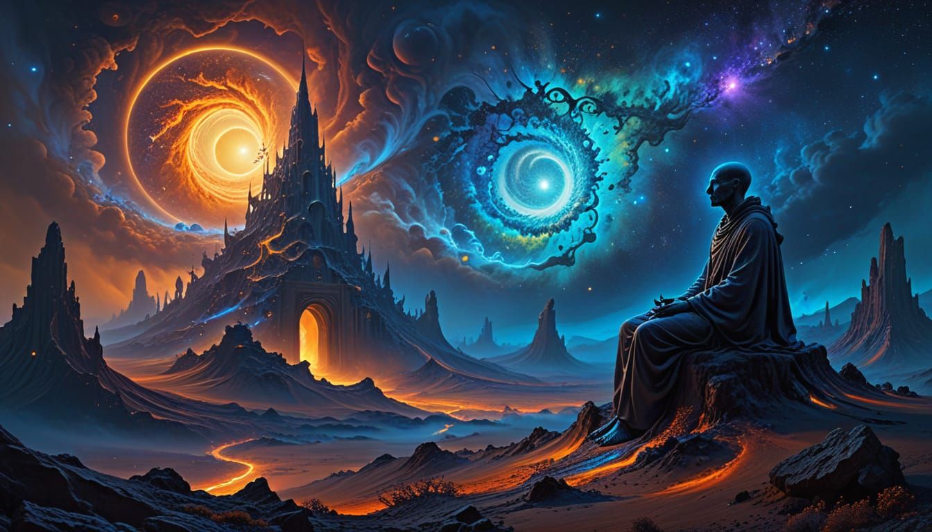 Alien Monk Meditating in Cosmic Desert Landscape