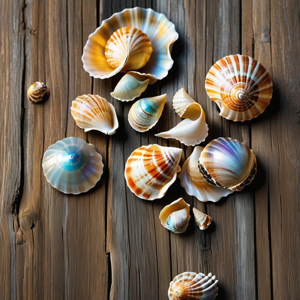 Macro Shells on Weathered Wood in Golden Light