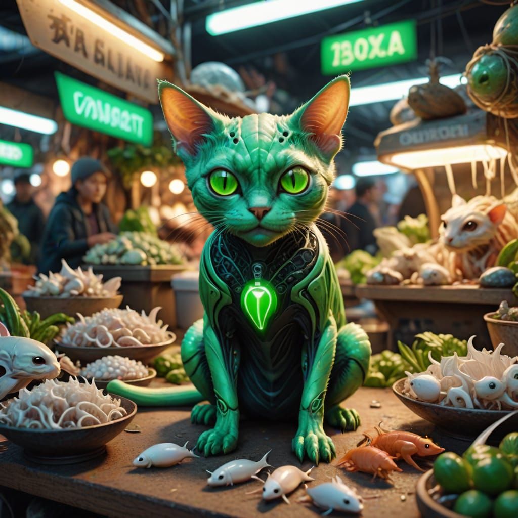 Alien Cat's Futuristic Market Stall