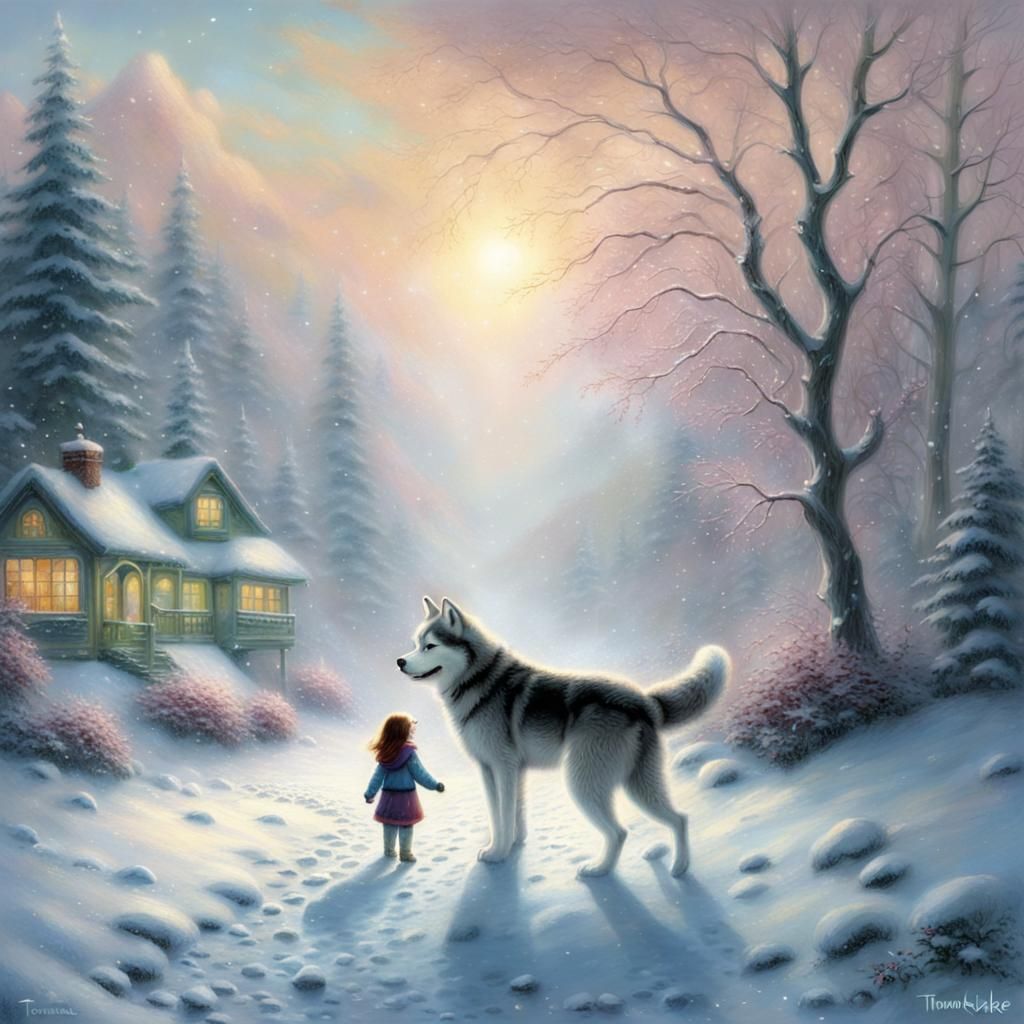 Girl and Husky Reunion in Snowy Landscape