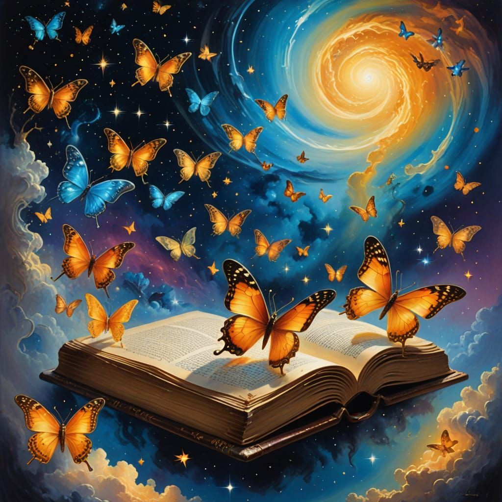 Golden Butterflies Emerge from Ancient Tome in Surreal Oil P...