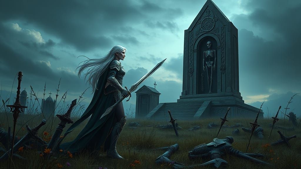 Elf Warrior Confronts Lich Lord on Desolate Battlefield