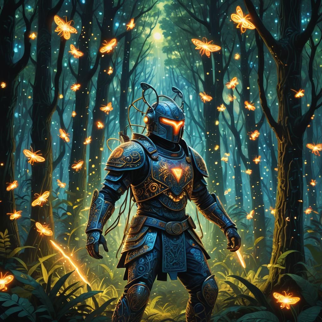 Mystical Warrior in Bioluminescent Forest, Digital Art