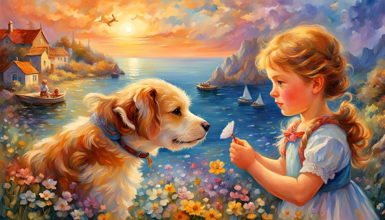 Girl and Dog Seascape in Storybook Action Painting Style