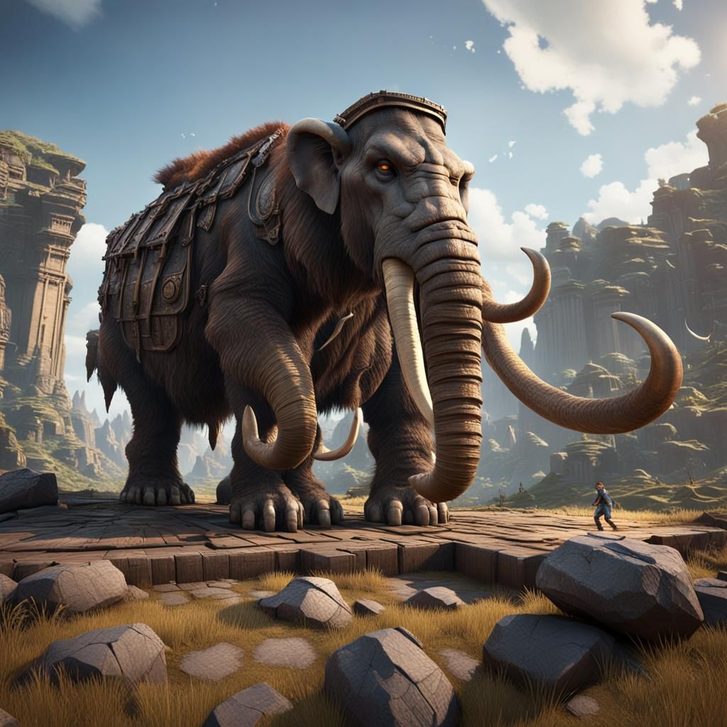 Colossal Mammoth and Child Amidst Ancient Ruins
