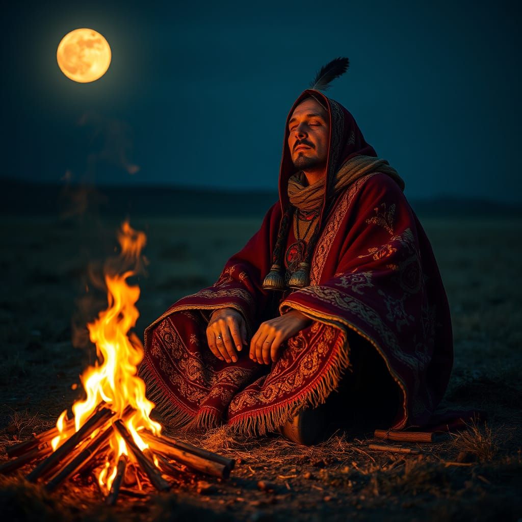 Khazar Shaman Invokes Tengri by Caspian Campfire