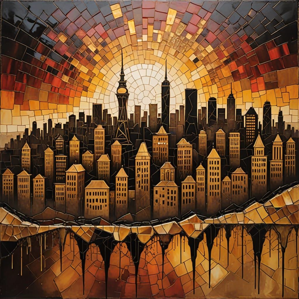 Vibrant Sunset Cityscape in Dreamlike Impasto Style