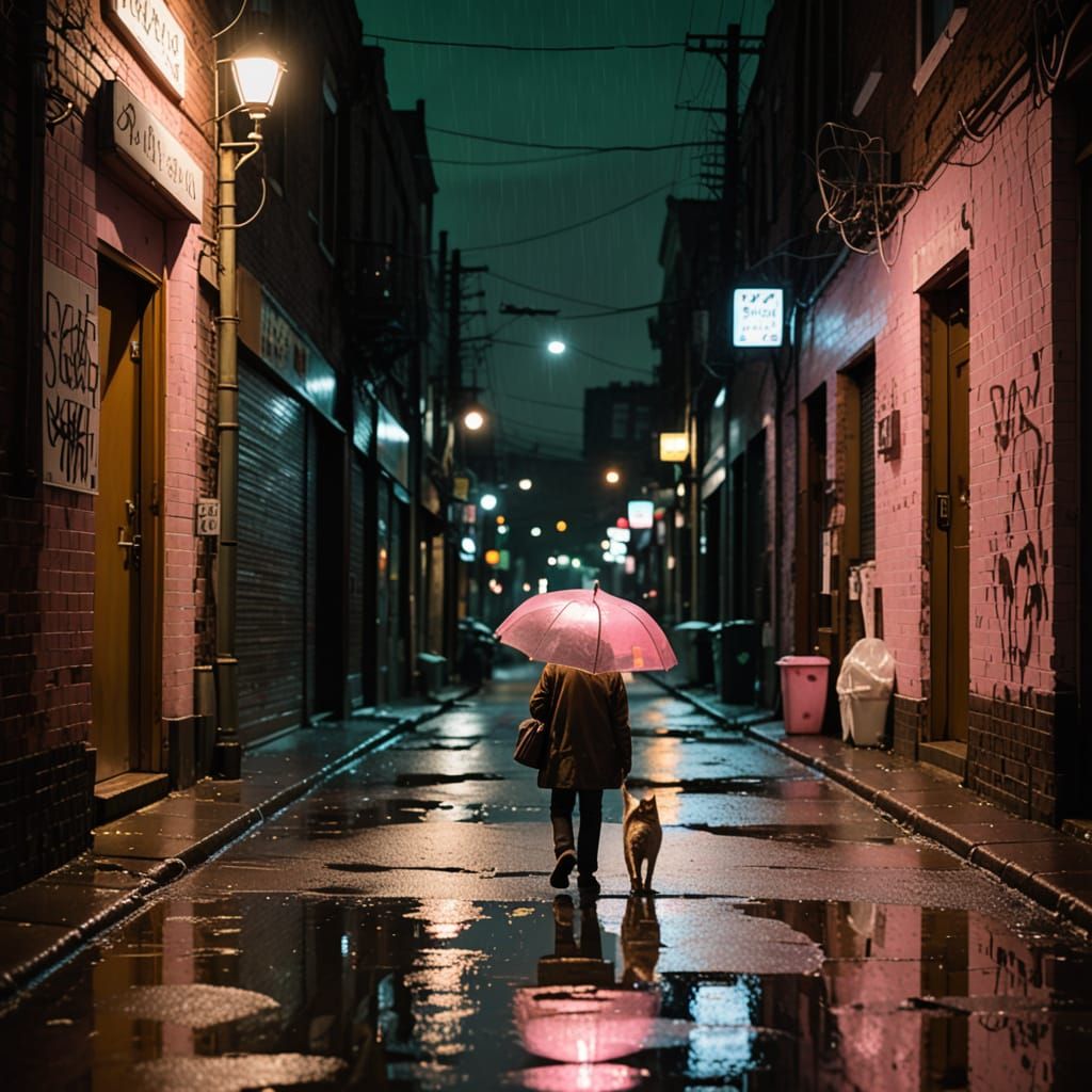 A rusted green dumpster sits in a dimly lit urban alley, its lid slightly ajar with discarded cardboard boxes and plasti...