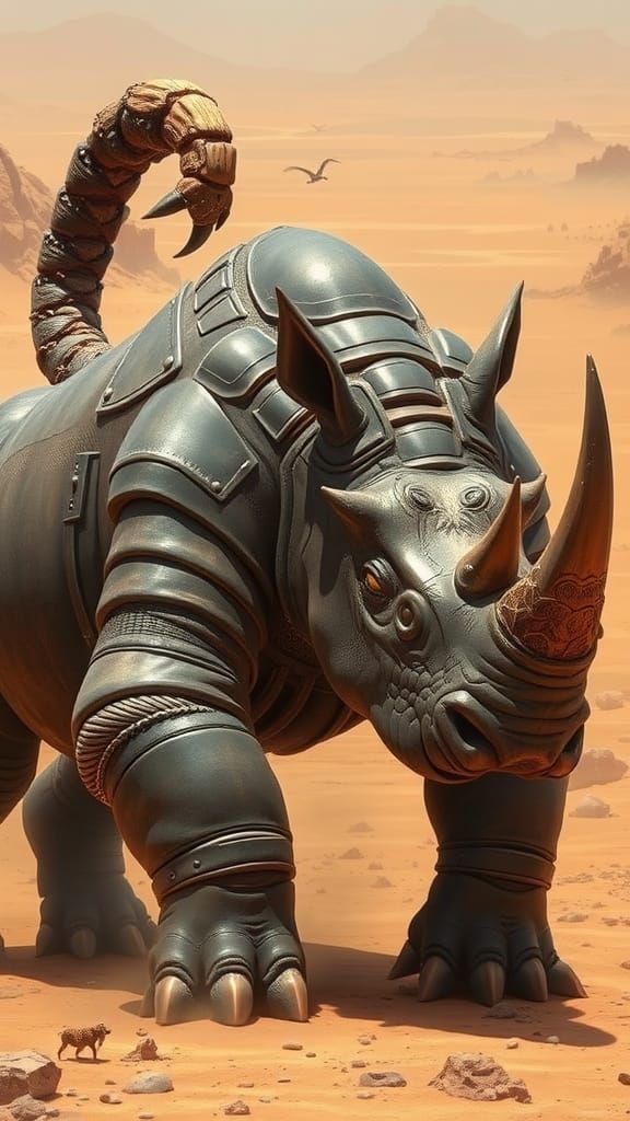 Armored Rhino Scorpion Hybrid in Barren Desert