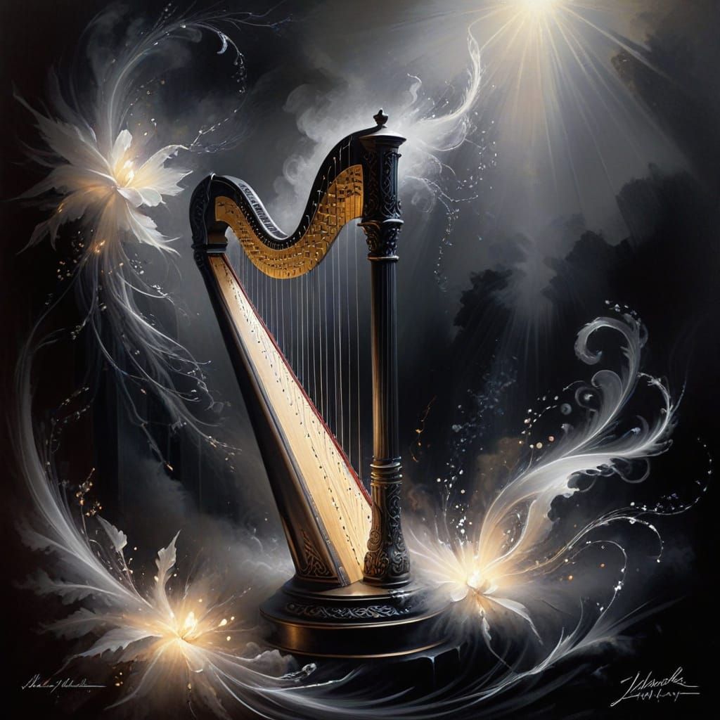 Ethereal Harp Sketch in Dramatic Light