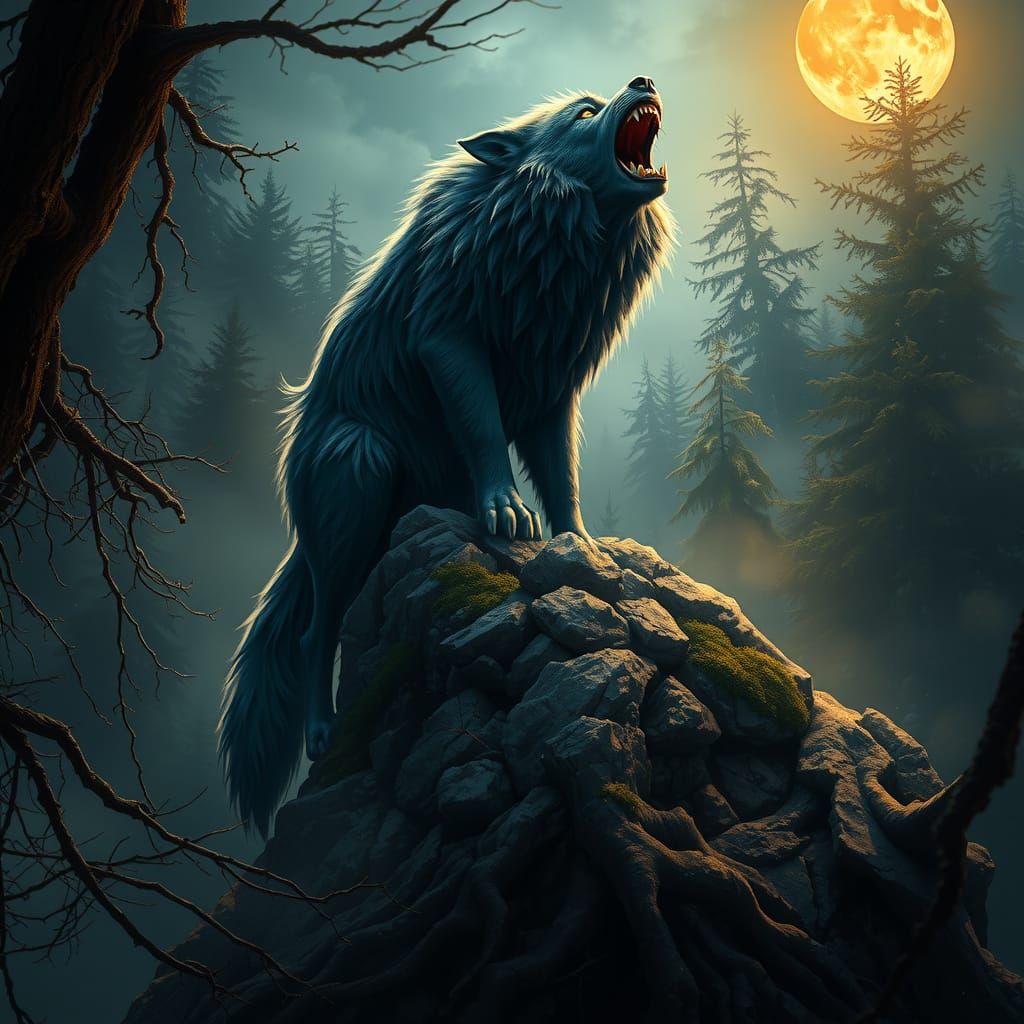 Majestic Werewolf Howl in Ethereal Moonlight