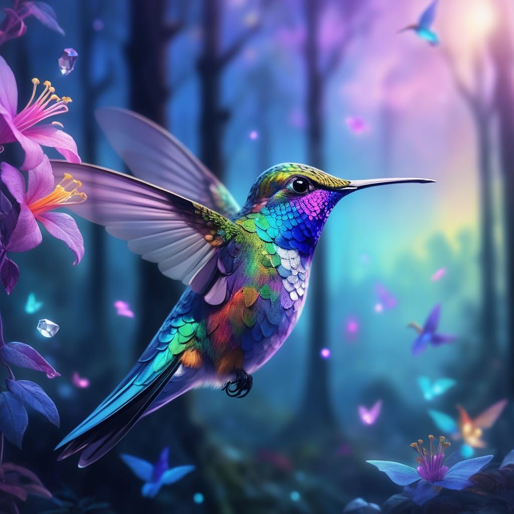 Crystal Hummingbird in Enchanted Forest: Fantasy Art