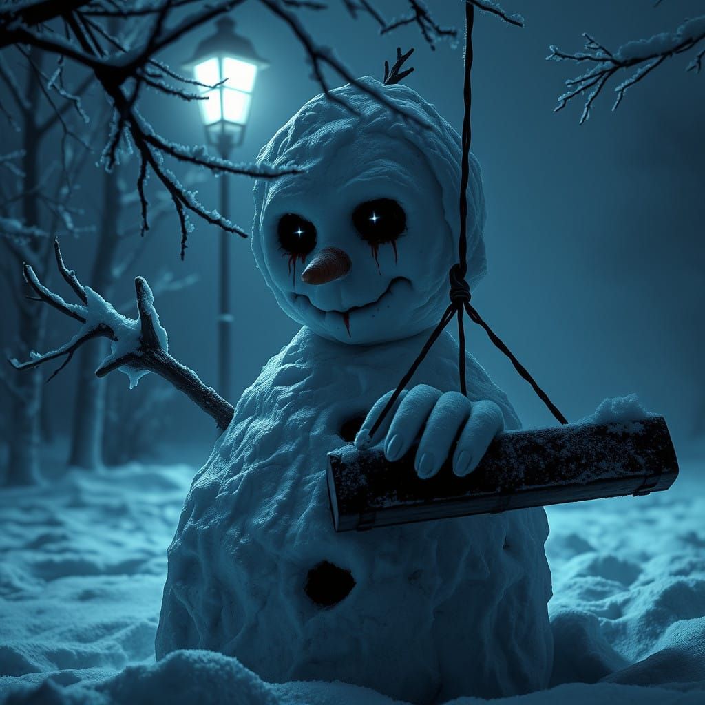 Macabre Snowman Beckons in Frosty Darkness, Inspired by Dark...