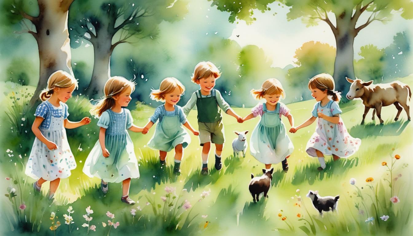 Children Playing with Animals: Whimsical Watercolour Illustr...