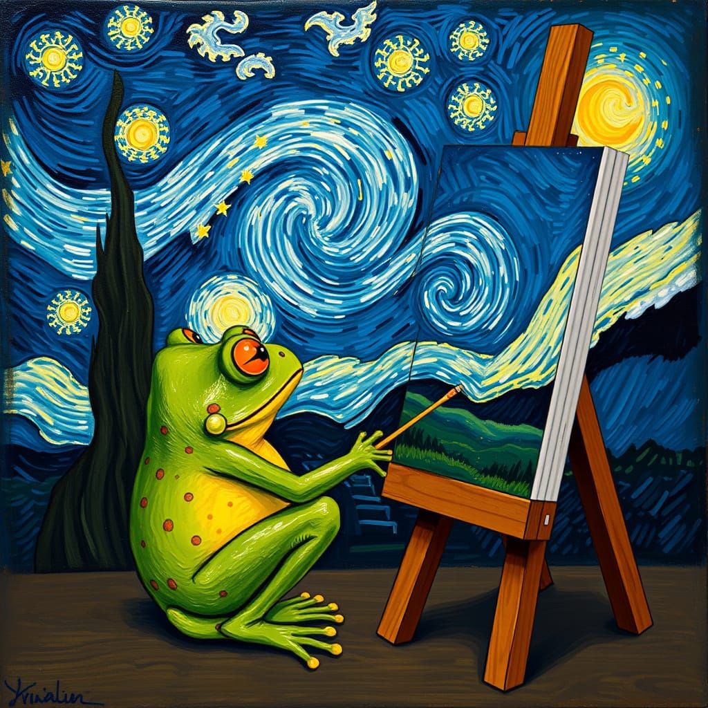 Vincent Van Frog Paints Starry Night in Impressionist Style