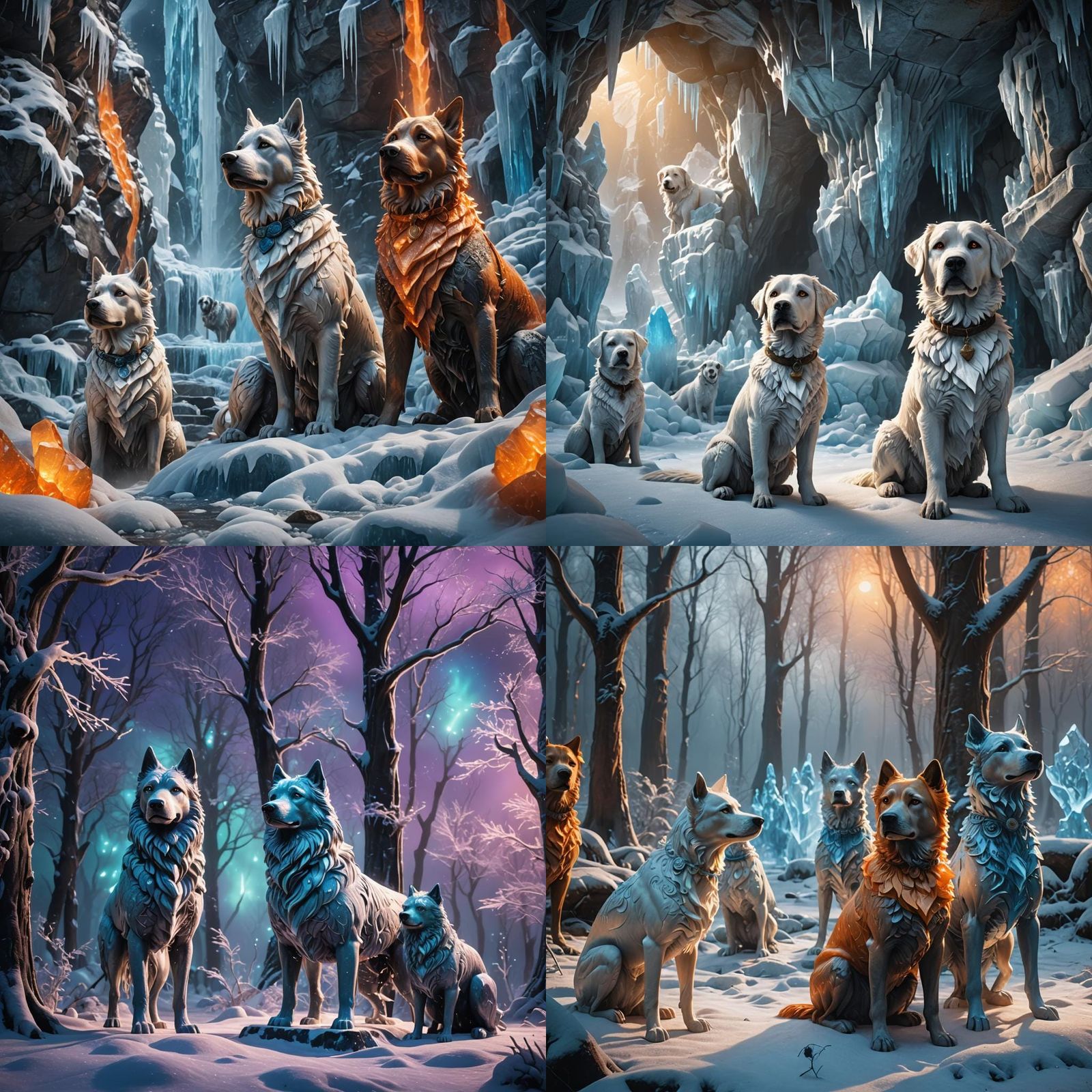 Frozen Dog Statues in Detailed Matte Painting