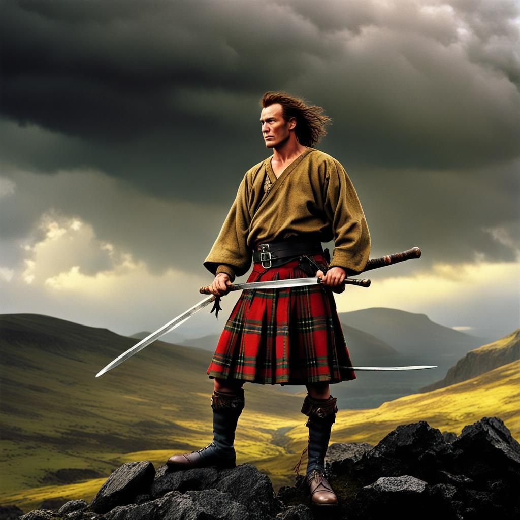 Scottish Highlander in Highlands with Lightning