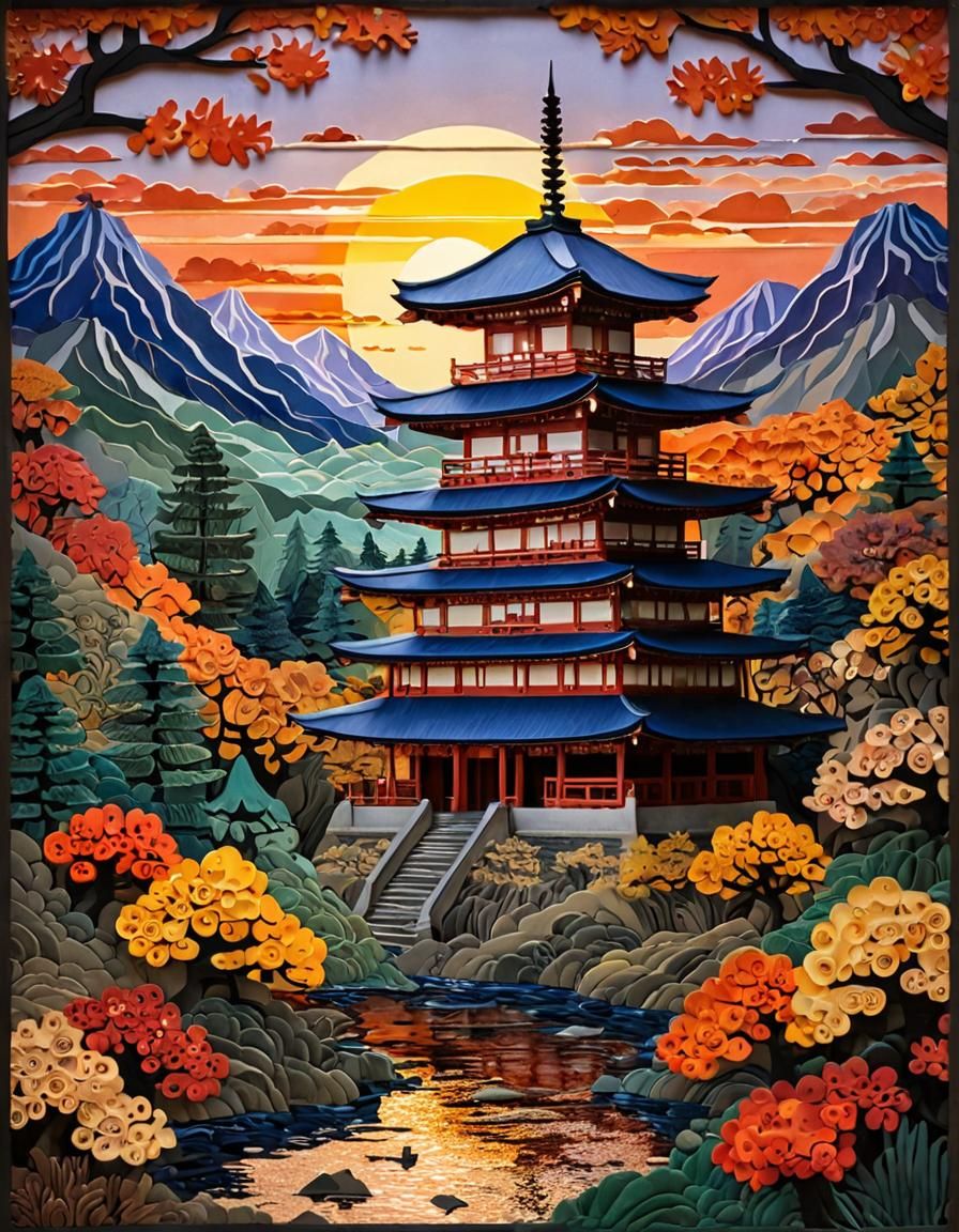 Japanese Temple Sunset in Paper Collage Style