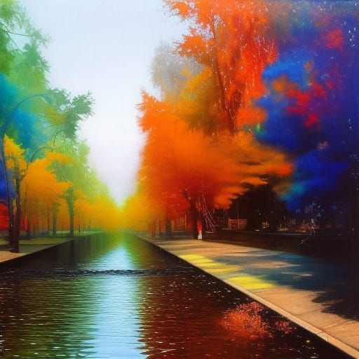 Rainbow Stream: Environmental Art in Oil Painting Style