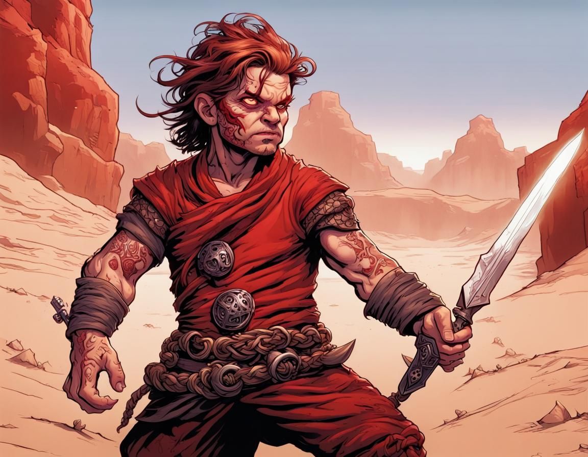 Red-Tattooed Halfling Warrior in Comic Book Art Style