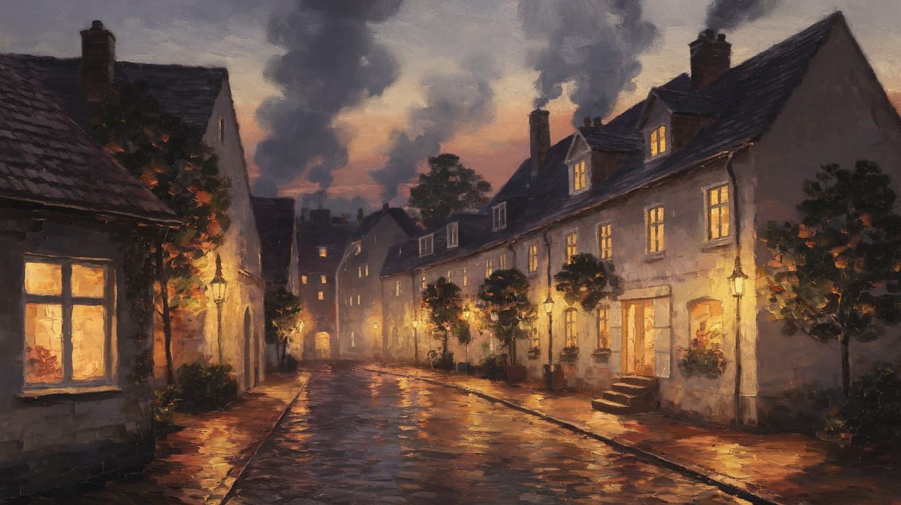 German Town at Twilight with Warm Amber Lights